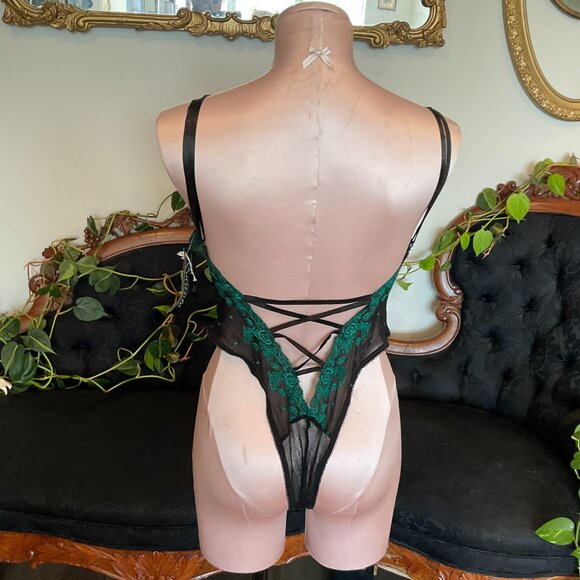 Vintage Escante Sheer Mesh Bodysuit Slip Teddy High Cut Strap Size L Black - Picture 3 of 3